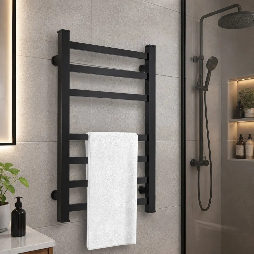 Heated Towel Rail Warmer Electric 7 Bar Wall Mounted Aluminium 80cm H Matte Black