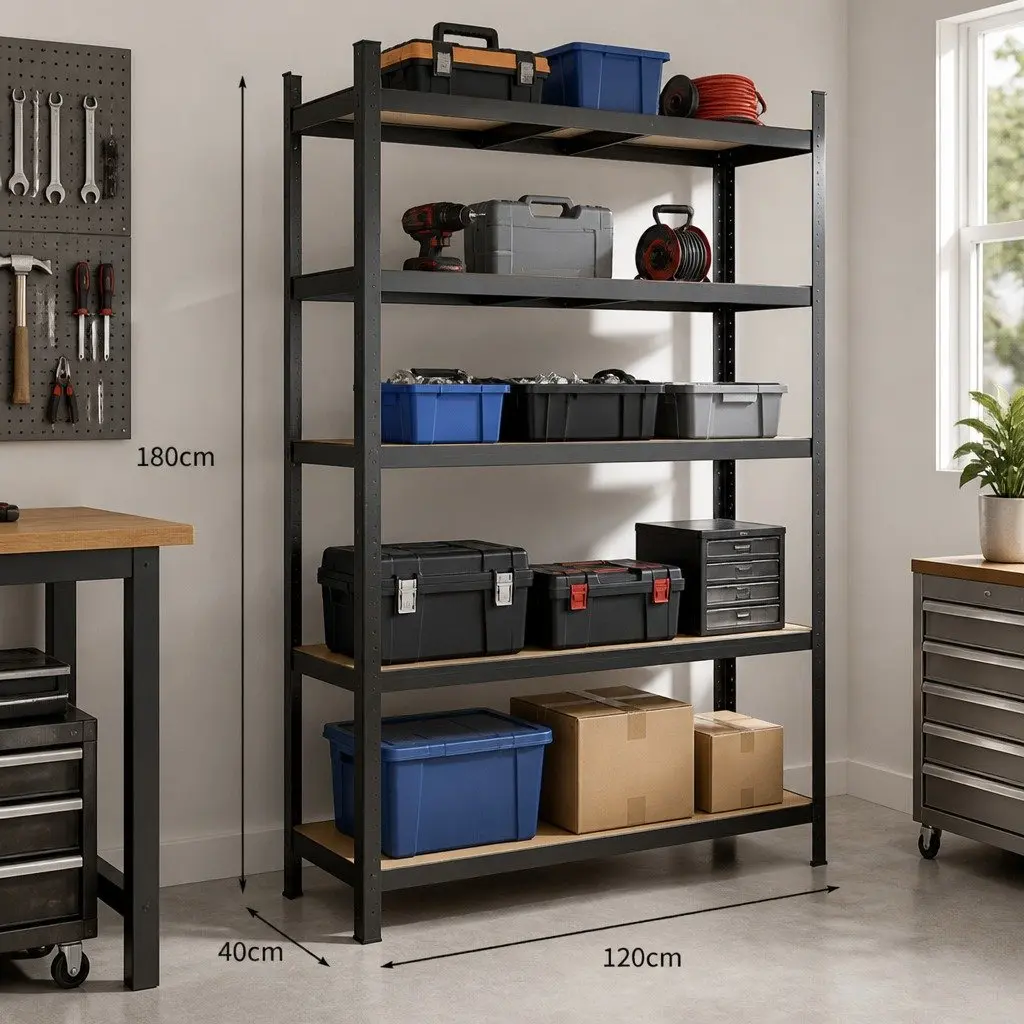 5 Tier Adjustable Black Metal Shelving Unit Powder Coated Steel MDF Board Storage Rack for Garage Warehouse and Home