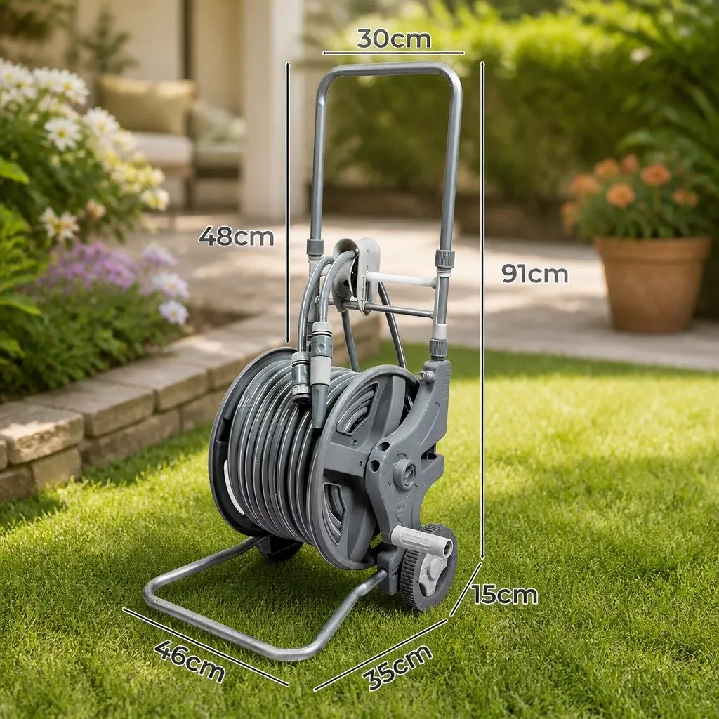 Retractable Garden Hose Reel 1/2 Inch 45M Outdoor Watering System with Adjustable Nozzle and Pressure Washer Gun Grey