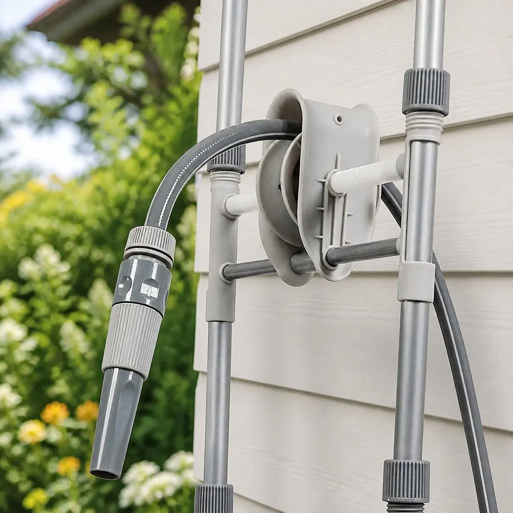 Retractable Garden Hose Reel 1/2 Inch 45M Outdoor Watering System with Adjustable Nozzle and Pressure Washer Gun Grey