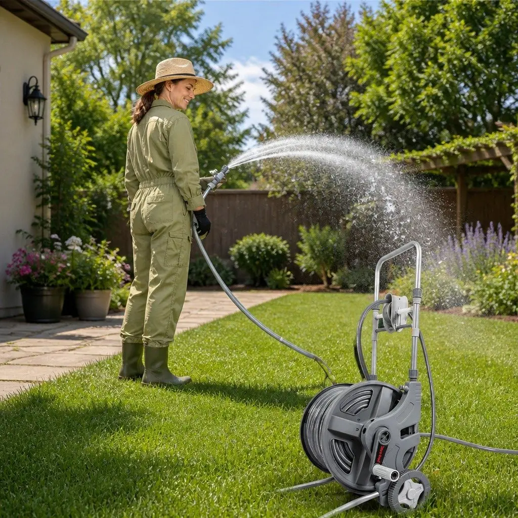 Retractable Garden Hose Reel 1/2 Inch 45M Outdoor Watering System with Adjustable Nozzle and Pressure Washer Gun Grey