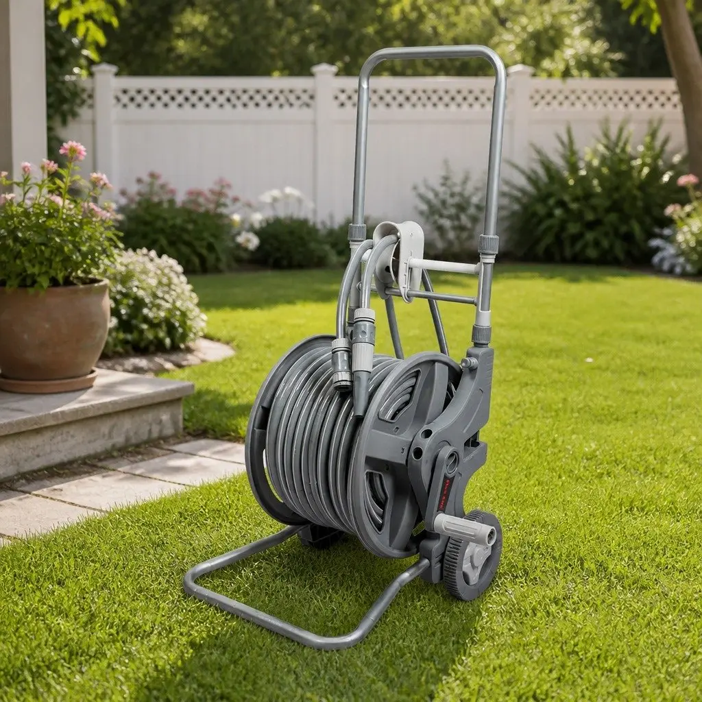 Retractable Garden Hose Reel 1/2 Inch 45M Outdoor Watering System with Adjustable Nozzle and Pressure Washer Gun Grey