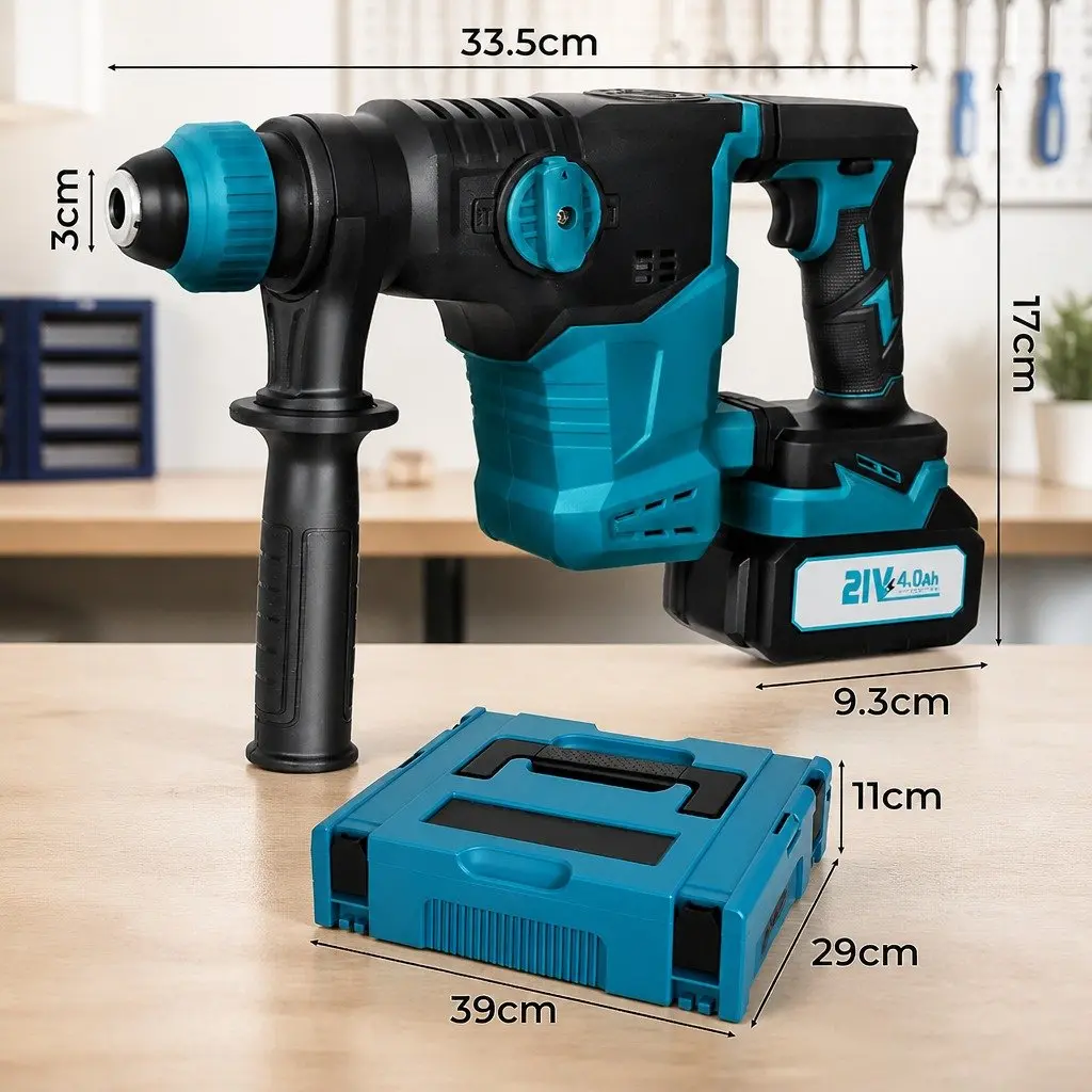 Cordless Rotary Hammer Drill Tool Set Brushless 21V SDS-Plus Chuck 4-in-1 Modes 33.5cm x 17cm