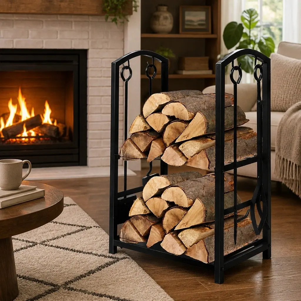 Firewood Rack Steel 2-Tier Black Storage Organizer for Indoor
