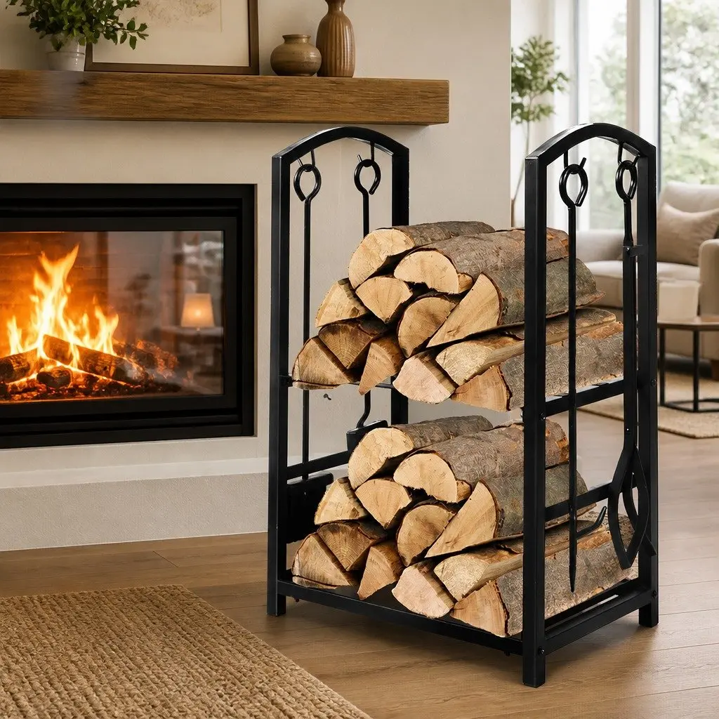Firewood Rack Steel 2-Tier Black Storage Organizer for Indoor