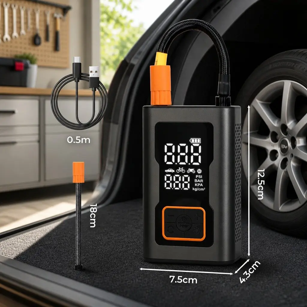 Portable Tire Inflator Electric Pump 150PSI 12V DC Lightweight ABS Black