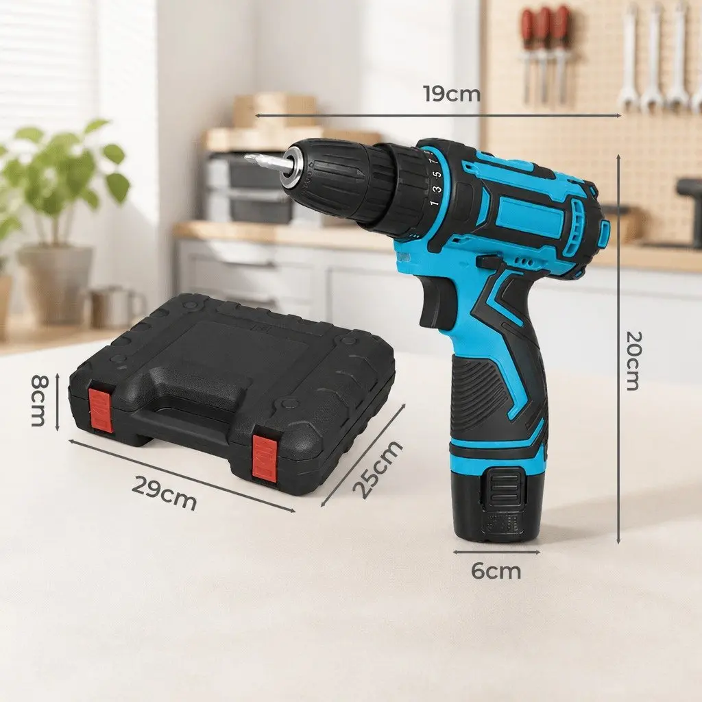 12V Cordless Drill Driver Kit Lithium-ion Battery 10mm Chuck Blue 74 Piece Accessories
