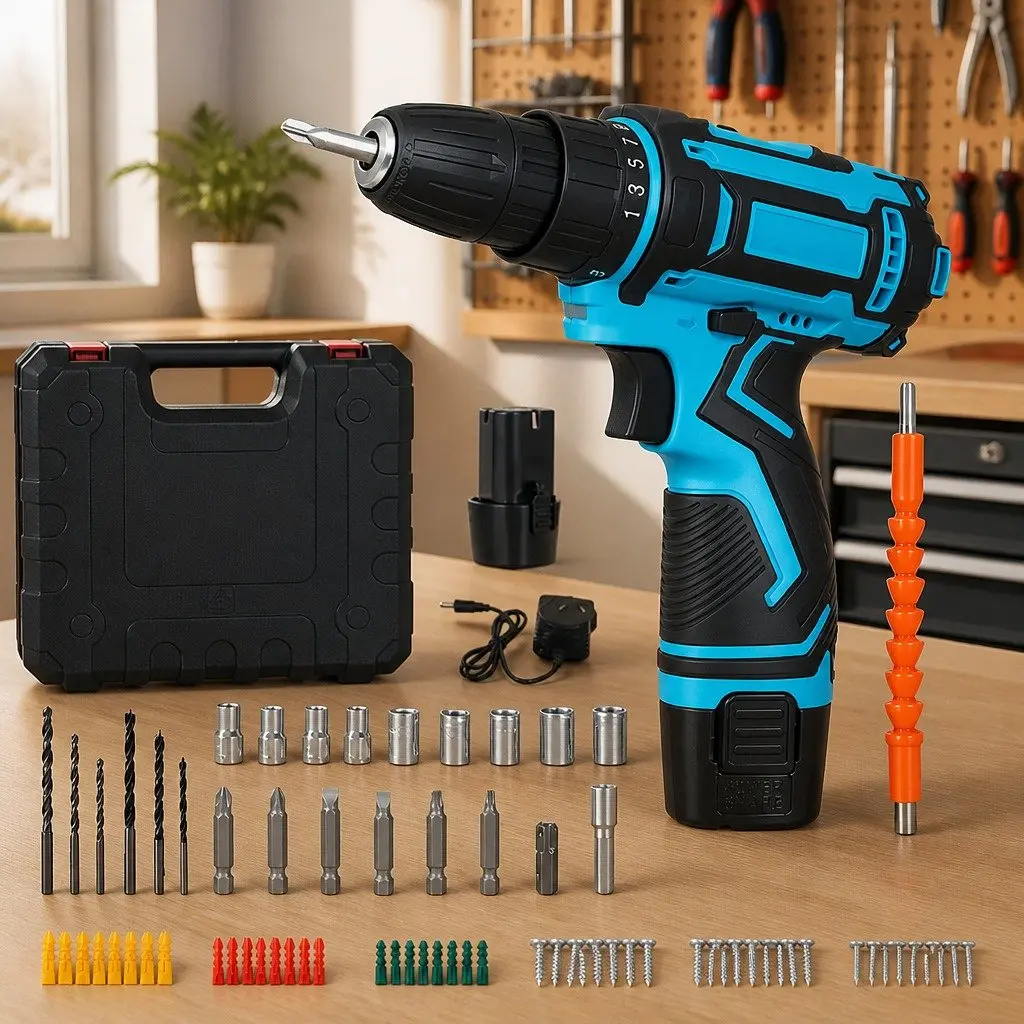 12V Cordless Drill Driver Kit Lithium-ion Battery 10mm Chuck Blue 74 Piece Accessories
