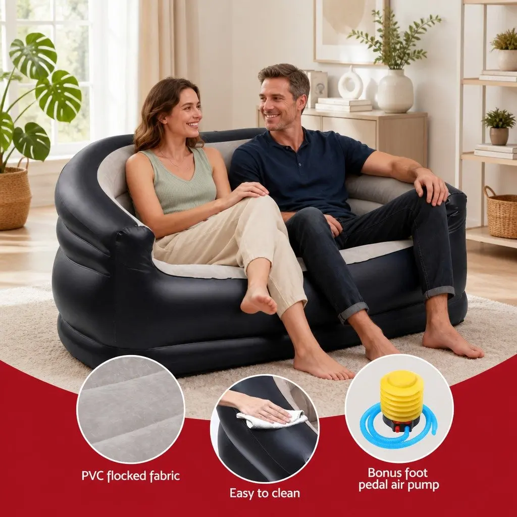 Inflatable Couch Outdoor Sofa Two-Seater PVC Flocked Coffee