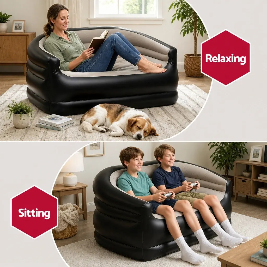 Inflatable Couch Outdoor Sofa Two-Seater PVC Flocked Coffee