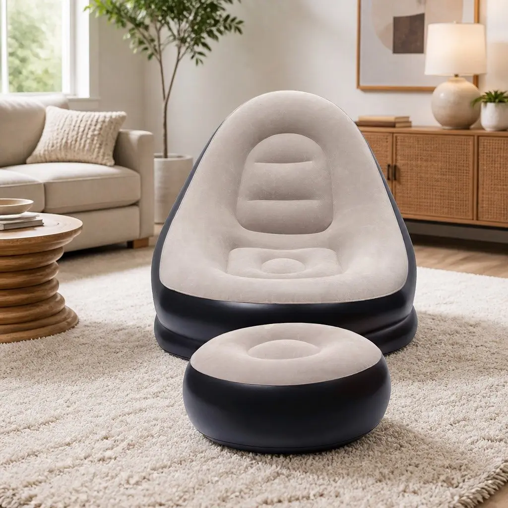 Inflatable Air Chair and Ottoman PVC Flocked Fabric Coffee Portable Size