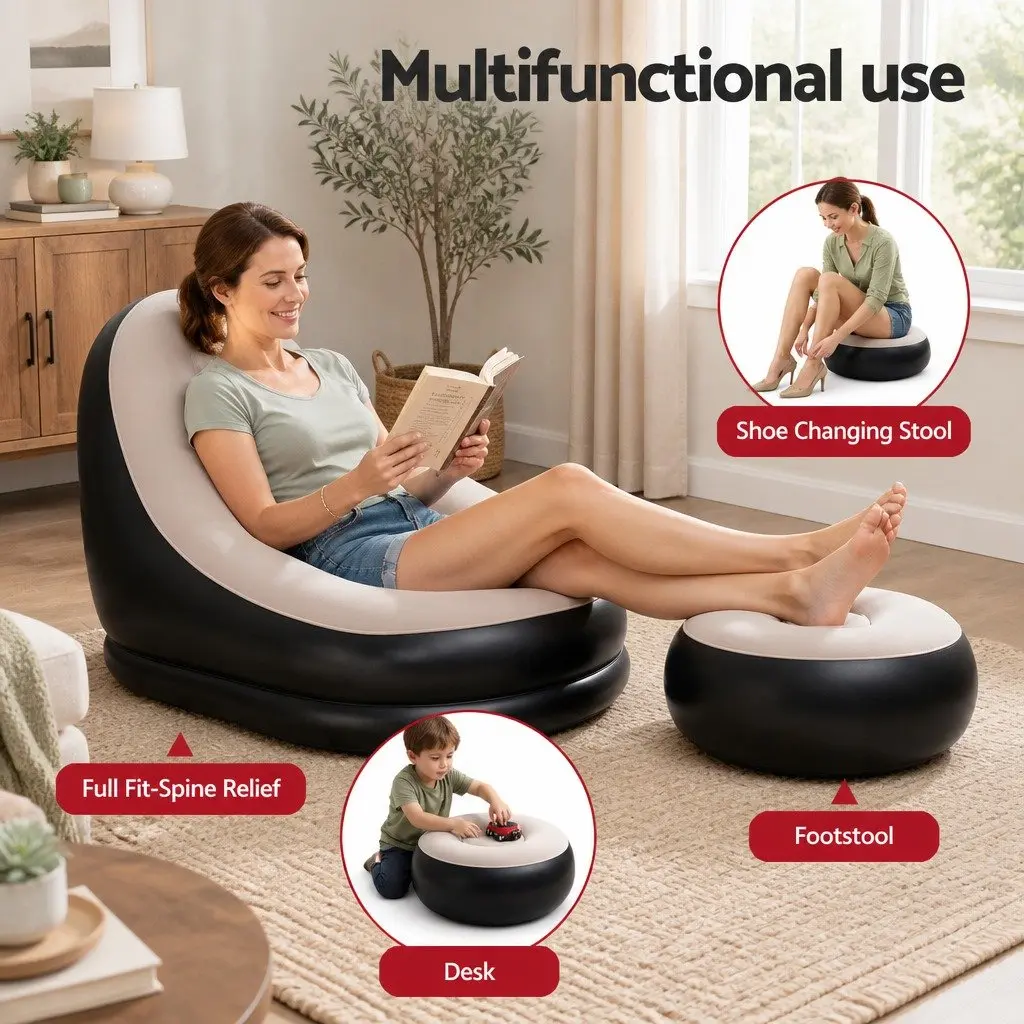 Inflatable Air Chair and Ottoman PVC Flocked Fabric Coffee Portable Size