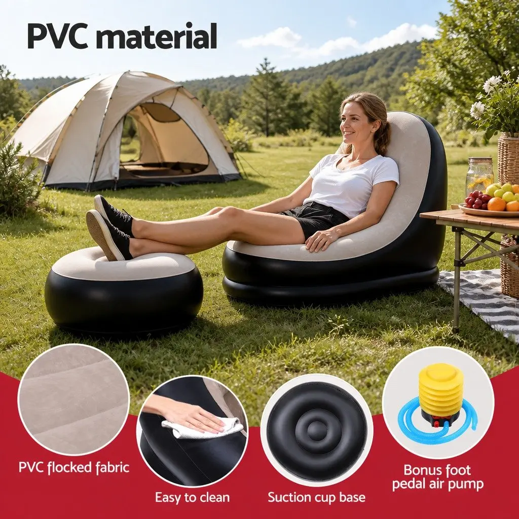 Inflatable Air Chair and Ottoman PVC Flocked Fabric Coffee Portable Size