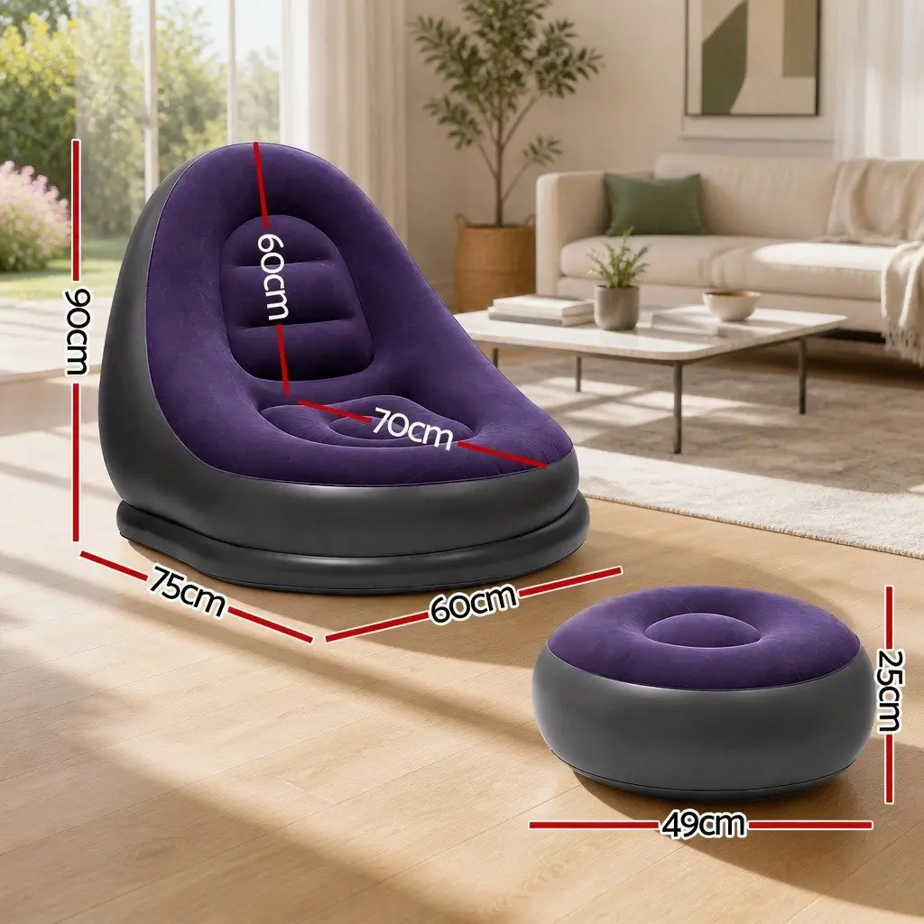 Inflatable Chair and Ottoman PVC Flocked Fabric 60 x 75 x 90cm Purple and Black