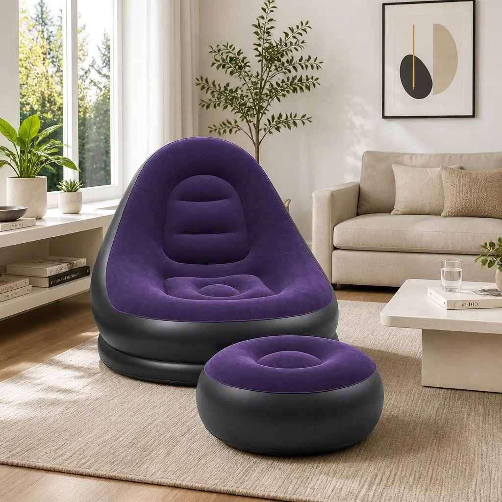 Inflatable Chair and Ottoman PVC Flocked Fabric 60 x 75 x 90cm Purple and Black