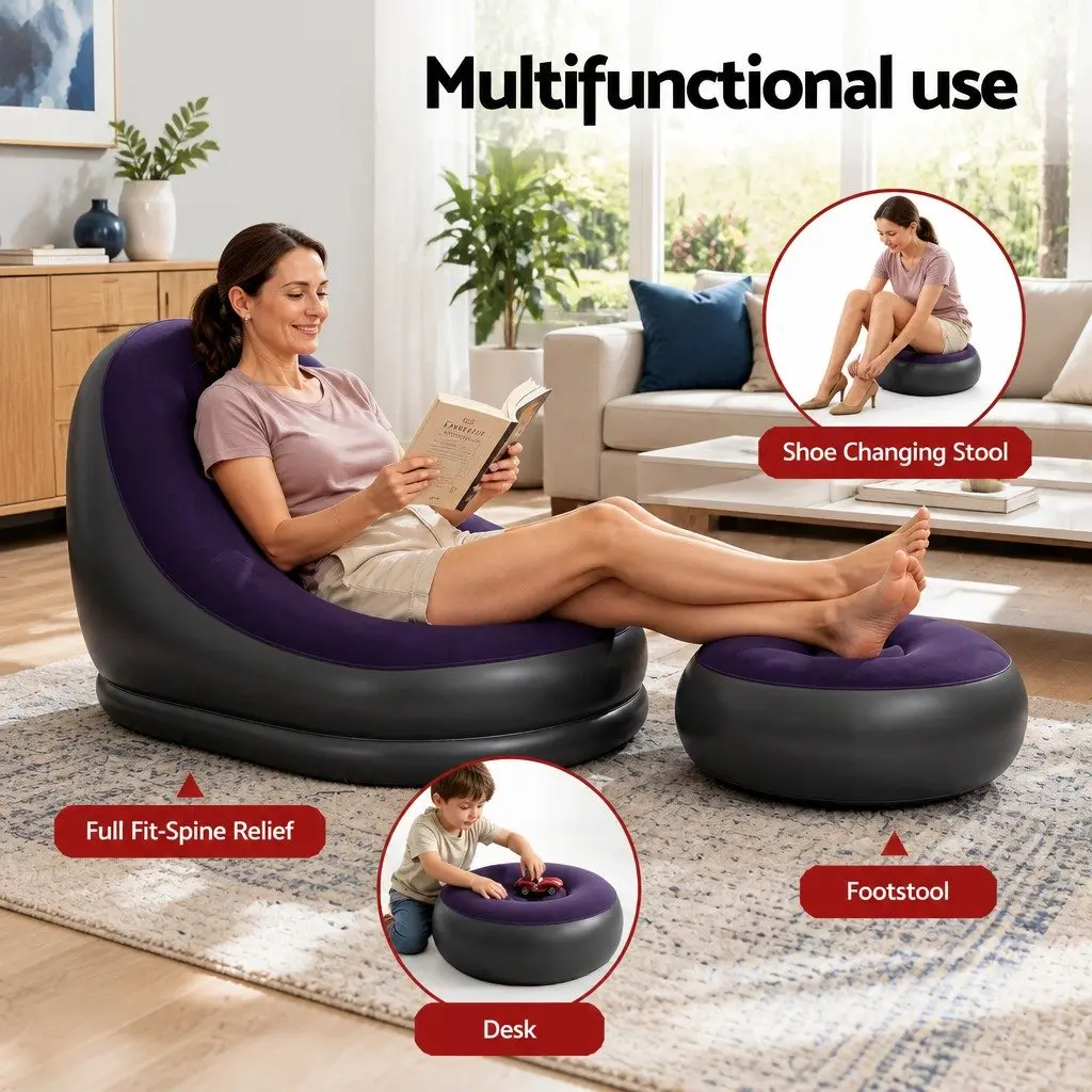 Inflatable Chair and Ottoman PVC Flocked Fabric 60 x 75 x 90cm Purple and Black