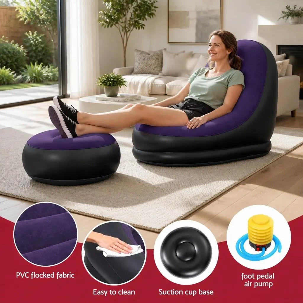 Inflatable Chair and Ottoman PVC Flocked Fabric 60 x 75 x 90cm Purple and Black