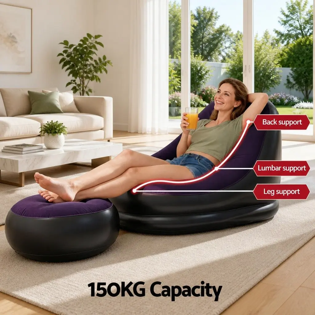 Inflatable Chair and Ottoman PVC Flocked Fabric 60 x 75 x 90cm Purple and Black