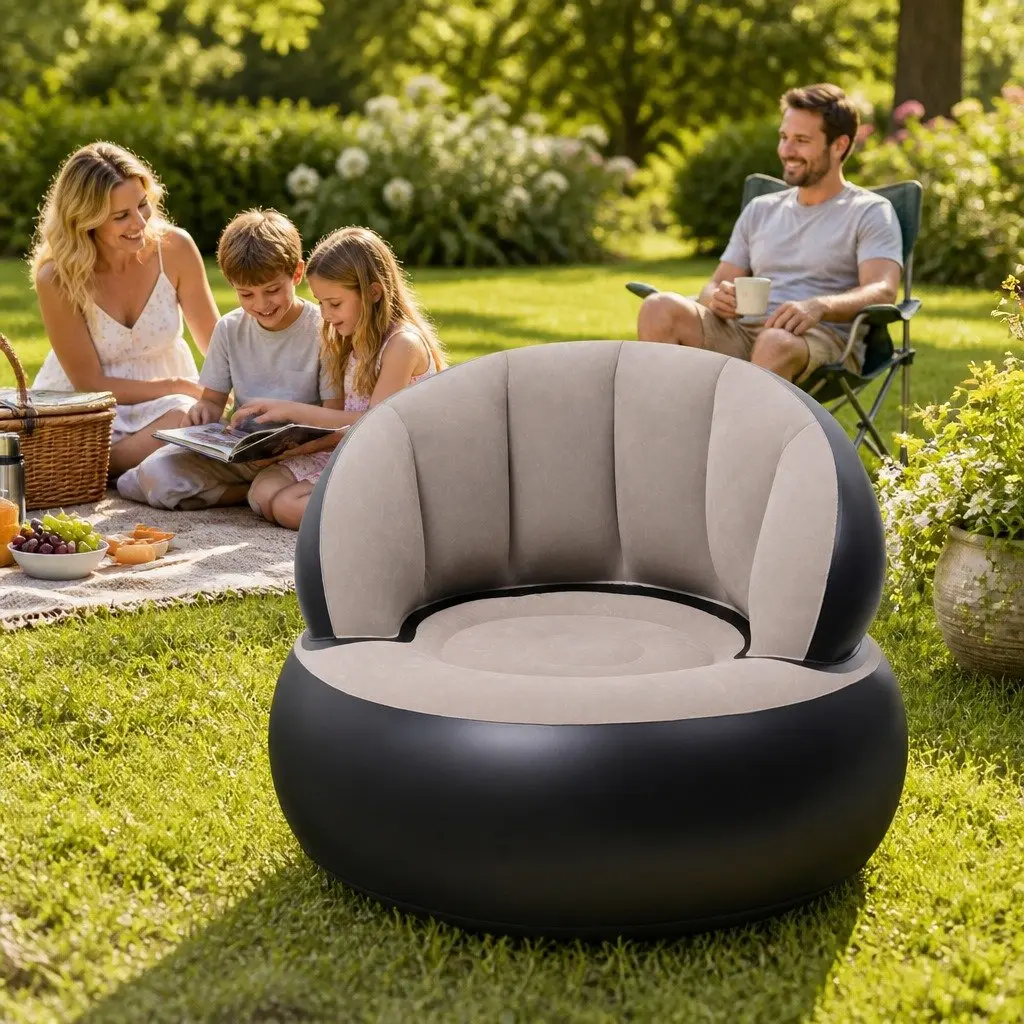 Inflatable Lounge Chair Foldable Sofa 70cm Coffee Flocked PVC for Indoor Outdoor Camping