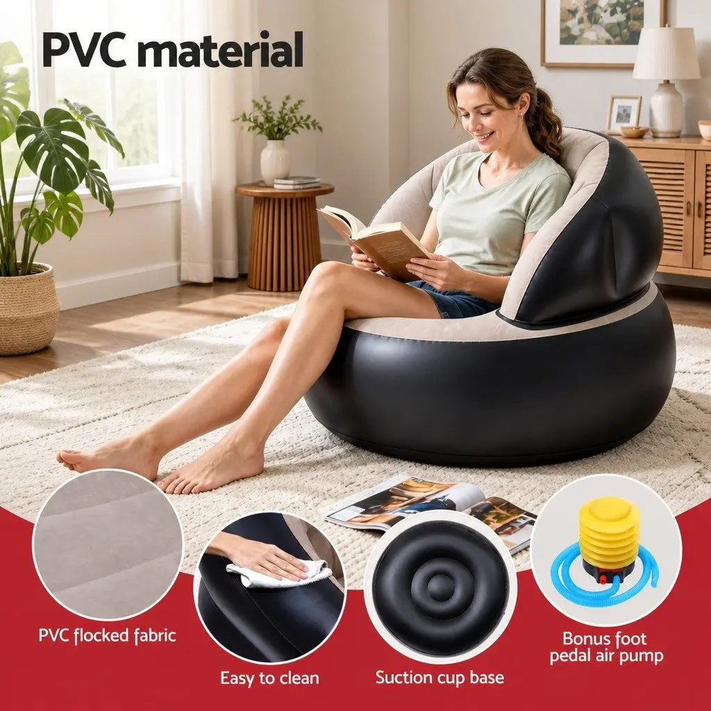 Inflatable Lounge Chair Foldable Sofa 70cm Coffee Flocked PVC for Indoor Outdoor Camping