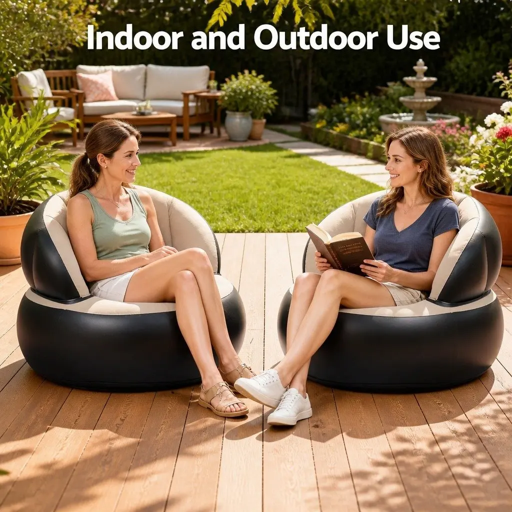 Inflatable Lounge Chair Foldable Sofa 70cm Coffee Flocked PVC for Indoor Outdoor Camping