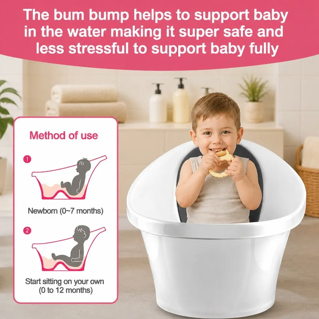 Baby Bathtub Black Soft Foam Backrest 60cm for Newborn to 12 Months with Bum Bump Support
