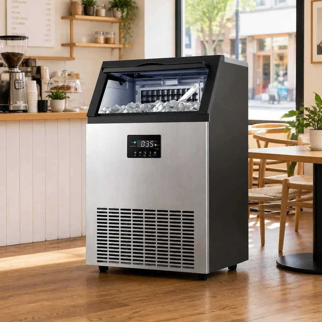Commercial Ice Maker Stainless Steel 60kg Capacity Adjustable Cube Thickness Black Silver