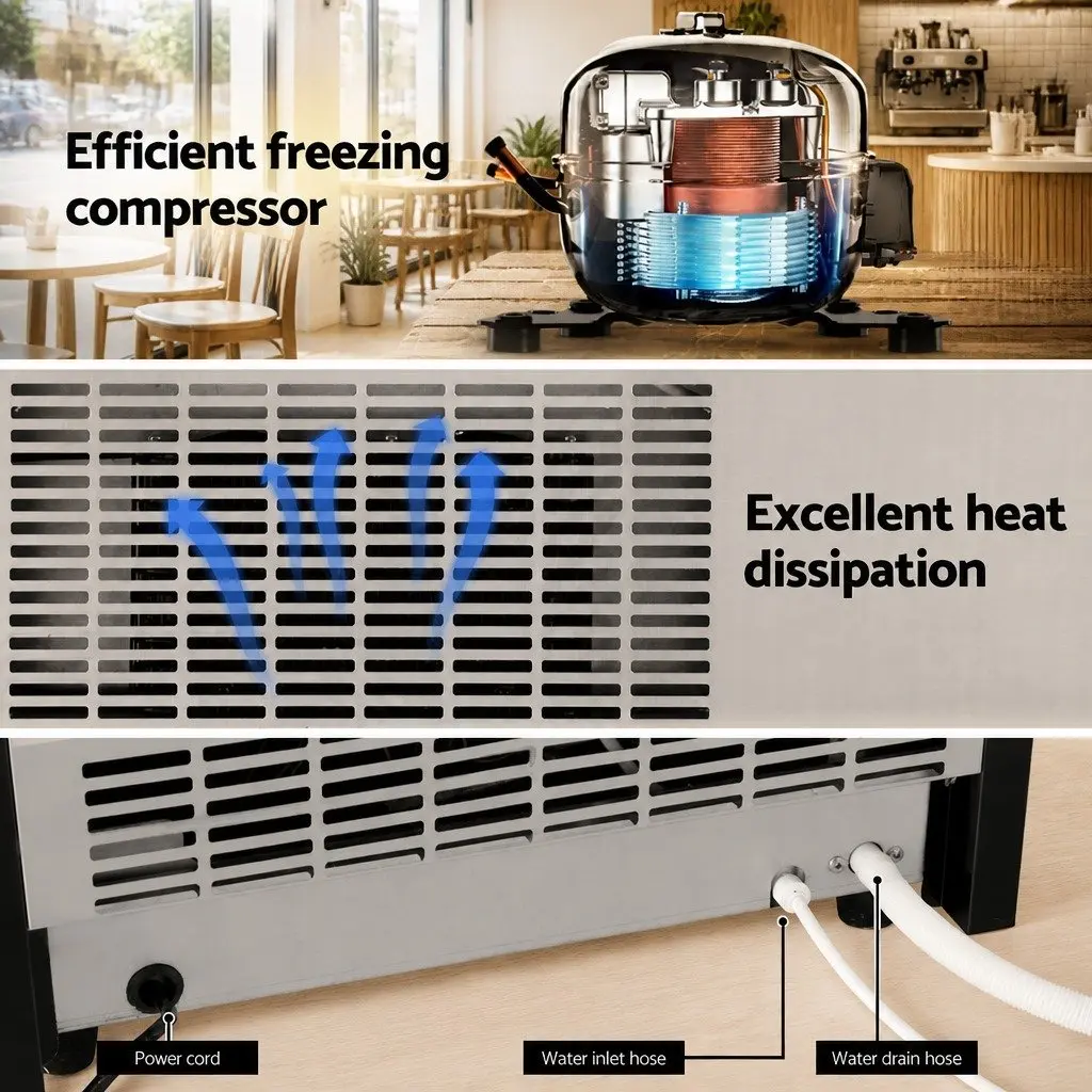 Commercial Ice Maker Stainless Steel 60kg Capacity Adjustable Cube Thickness Black Silver