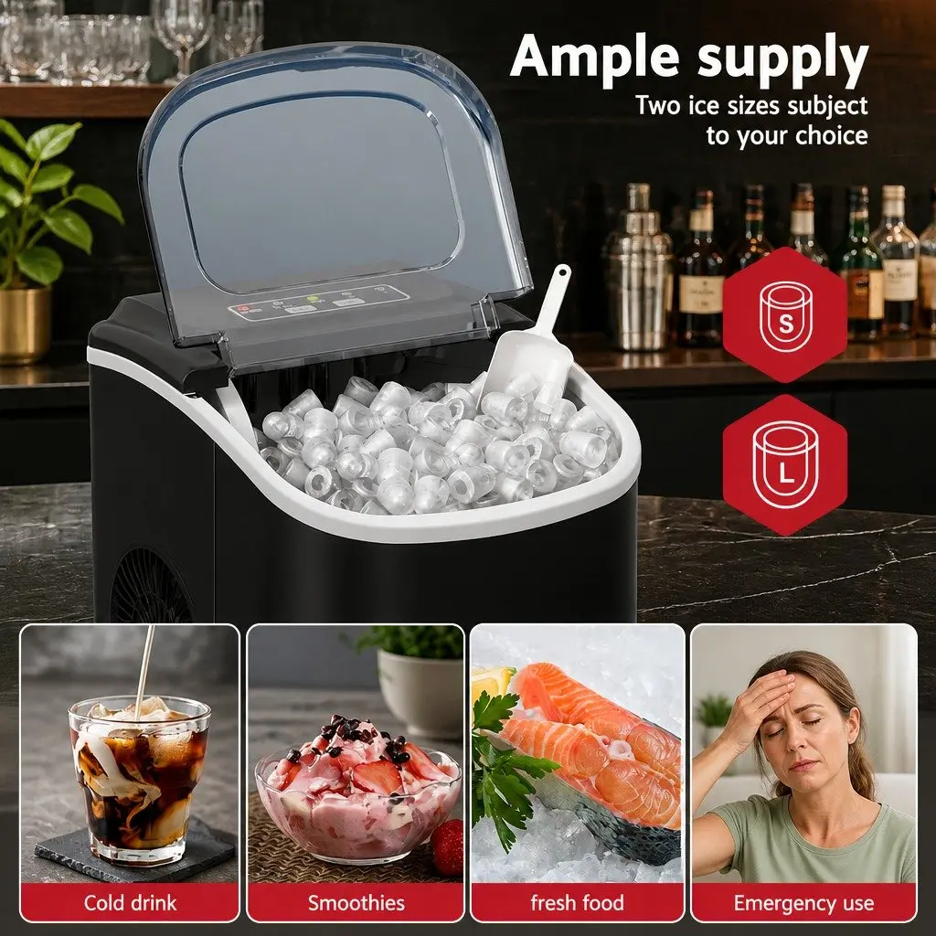 Portable Ice Maker Machine Compact Black Plastic Countertop 12kg