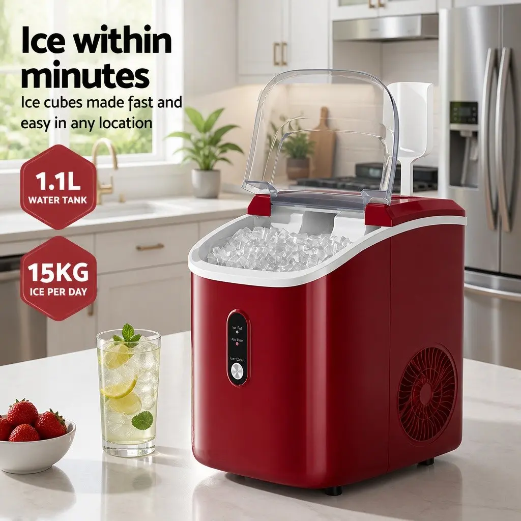 Ice Maker Machine Nugget Chewable Ice Cube Compact Portable 15kg Red Plastic
