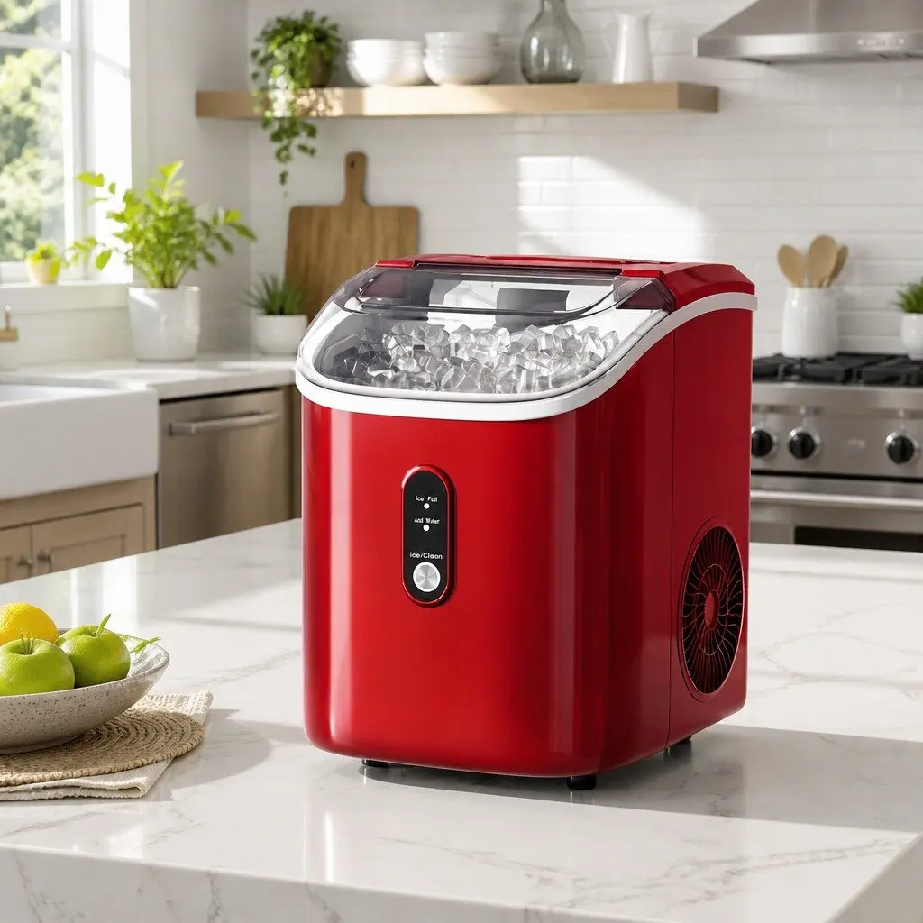 Ice Maker Machine Nugget Chewable Ice Cube Compact Portable 15kg Red Plastic