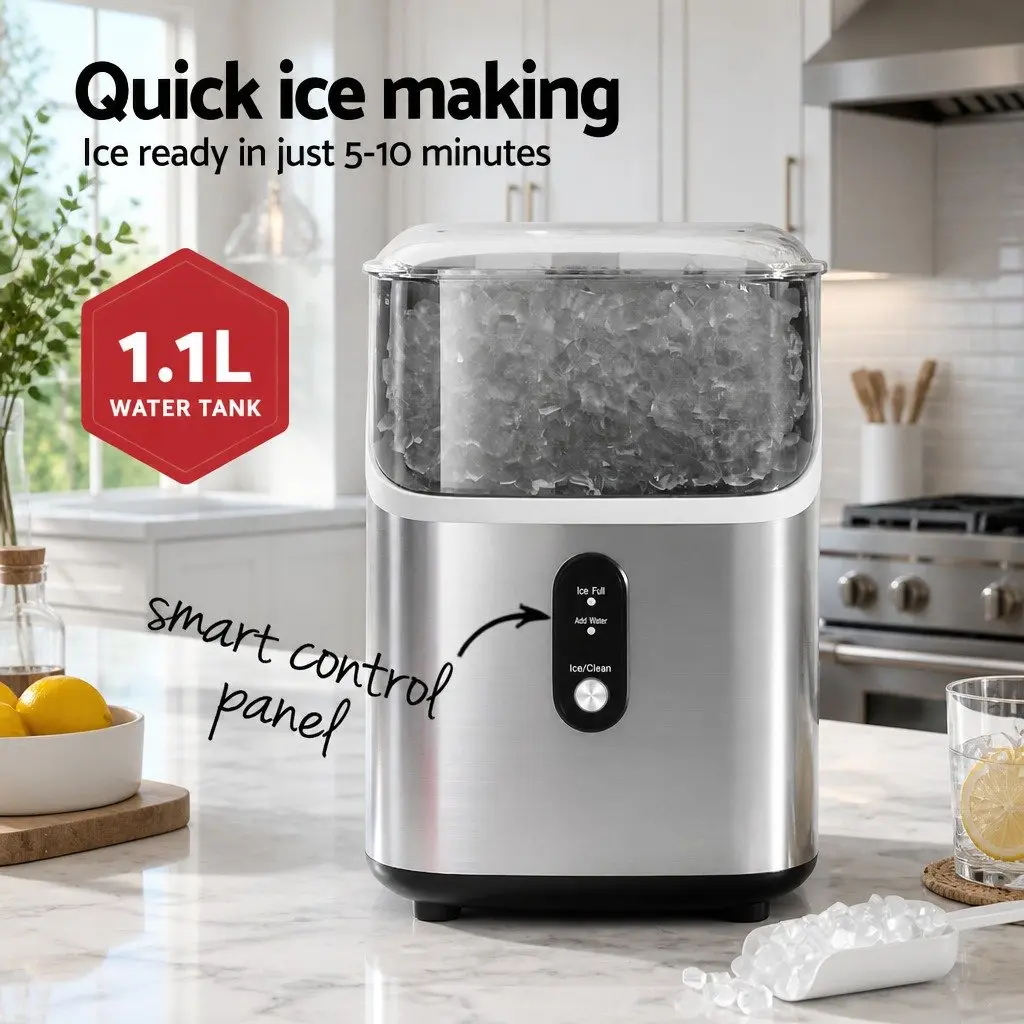 Nugget Ice Maker Machine 15kg Daily Production Countertop Silver Home Kitchen