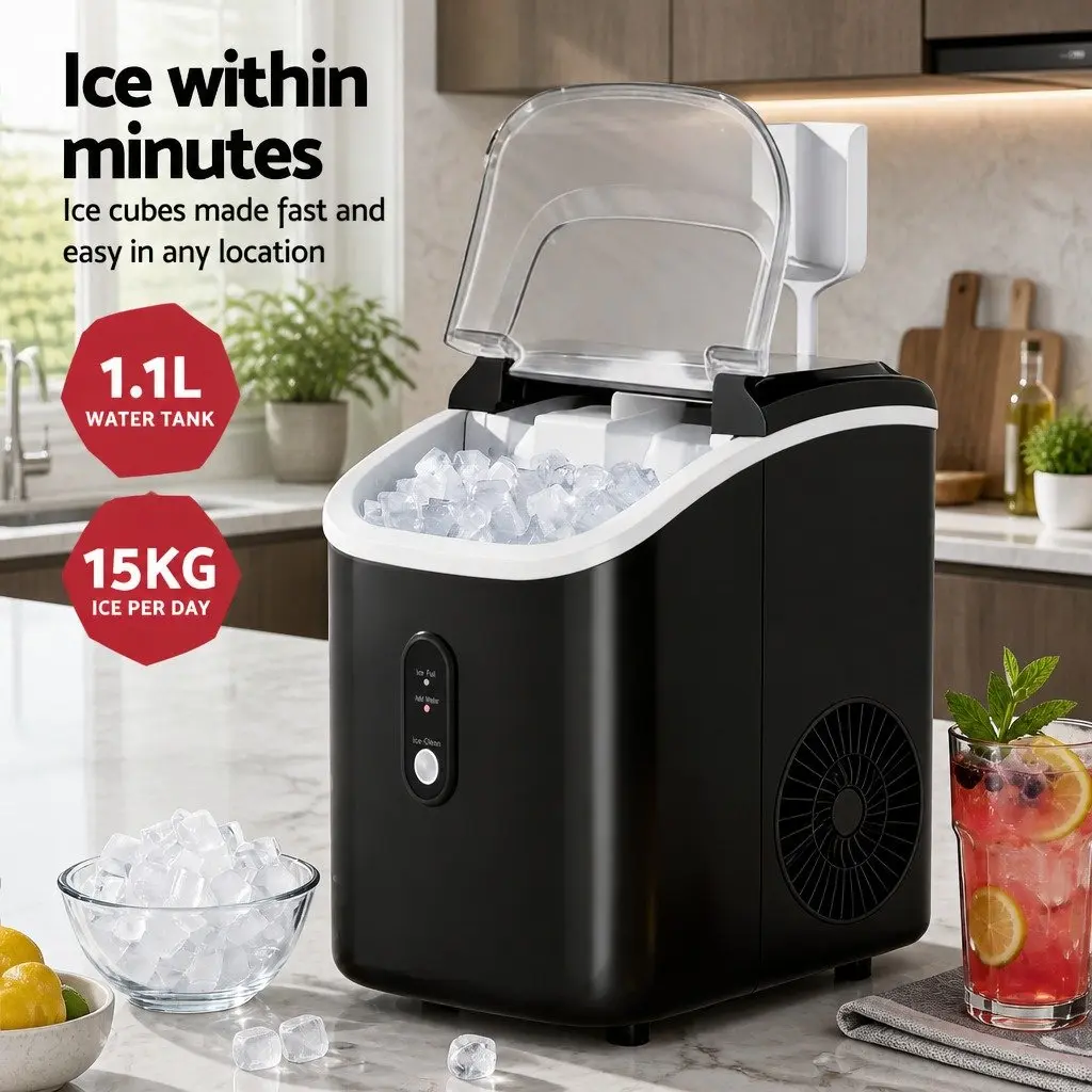 Nugget Ice Maker Machine 15kg Daily Capacity Countertop Portable Black