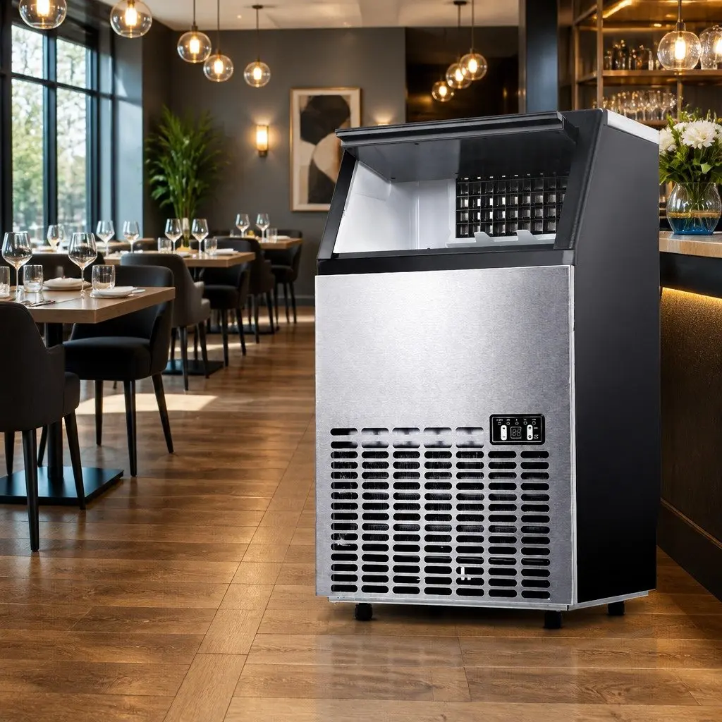 Commercial Ice Maker Machine Stainless Steel 45-60kg Daily Production Capacity Adjustable Ice Cube Thickness Black Silver