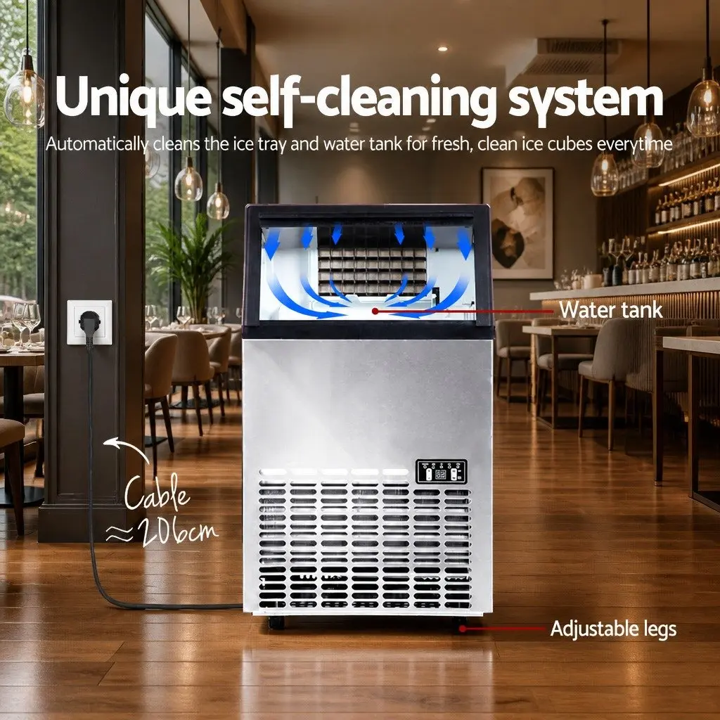 Commercial Ice Maker Machine Stainless Steel 45-60kg Daily Production Capacity Adjustable Ice Cube Thickness Black Silver