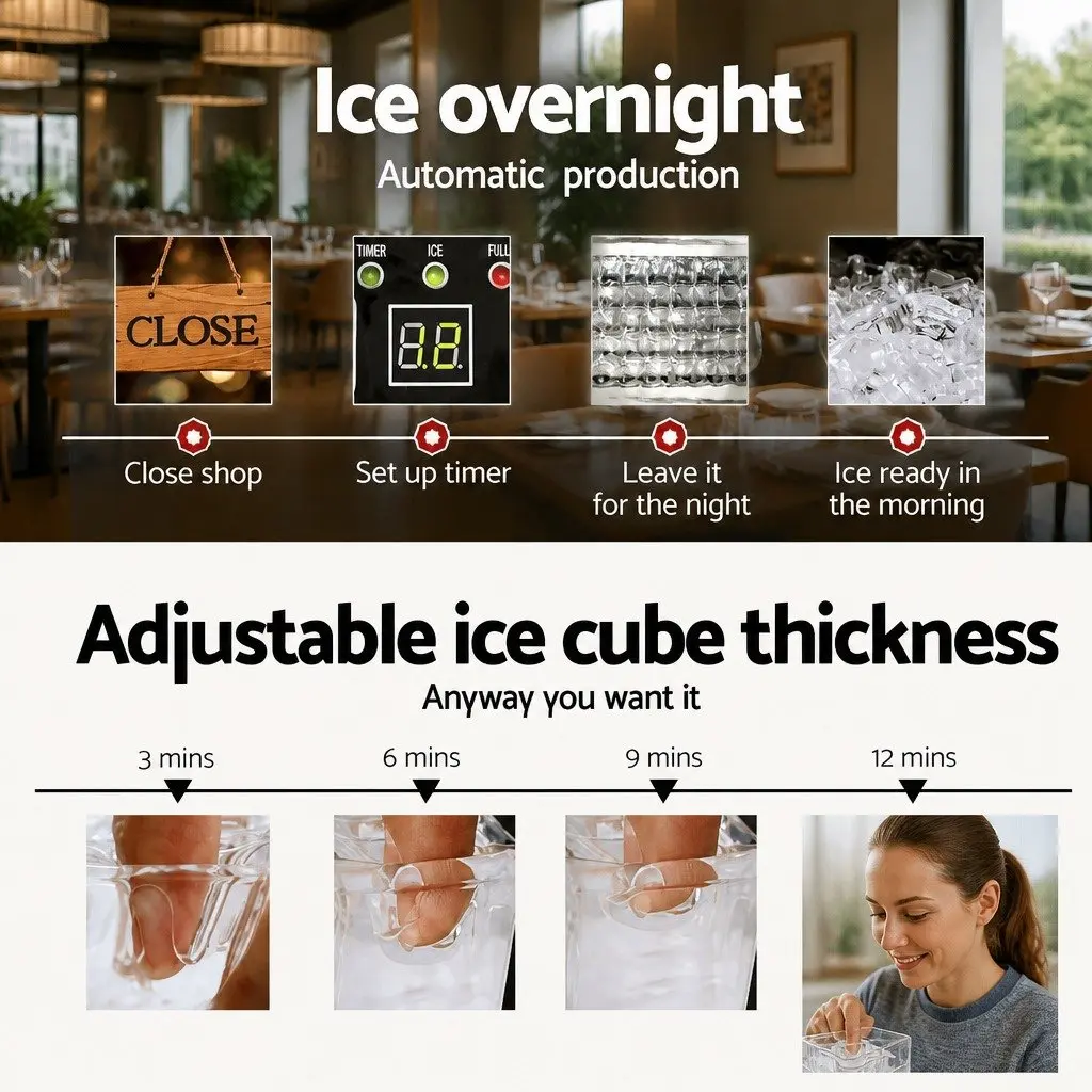 Commercial Ice Maker Machine Stainless Steel 45-60kg Daily Production Capacity Adjustable Ice Cube Thickness Black Silver