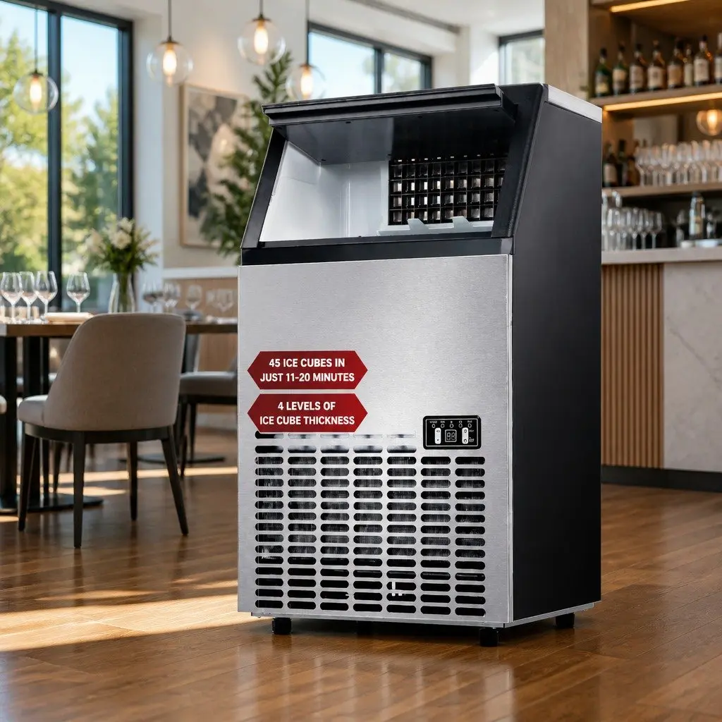 Commercial Ice Maker Machine Stainless Steel 45-60kg Daily Production Capacity Adjustable Ice Cube Thickness Black Silver