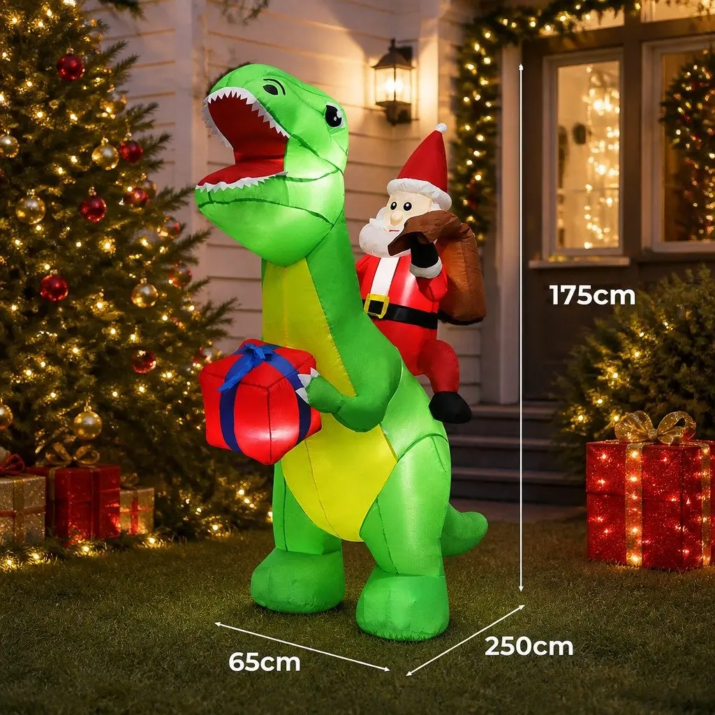 Christmas Dinosaur Inflatable 1.75M Waterproof Polyester Multicolour Outdoor Decoration with LED Lights