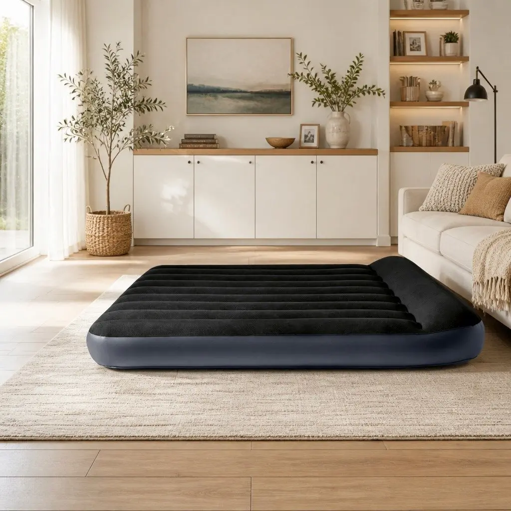 Queen Size Inflatable Airbed Fiber-Tech Construction Soft Flocked Surface Indoor