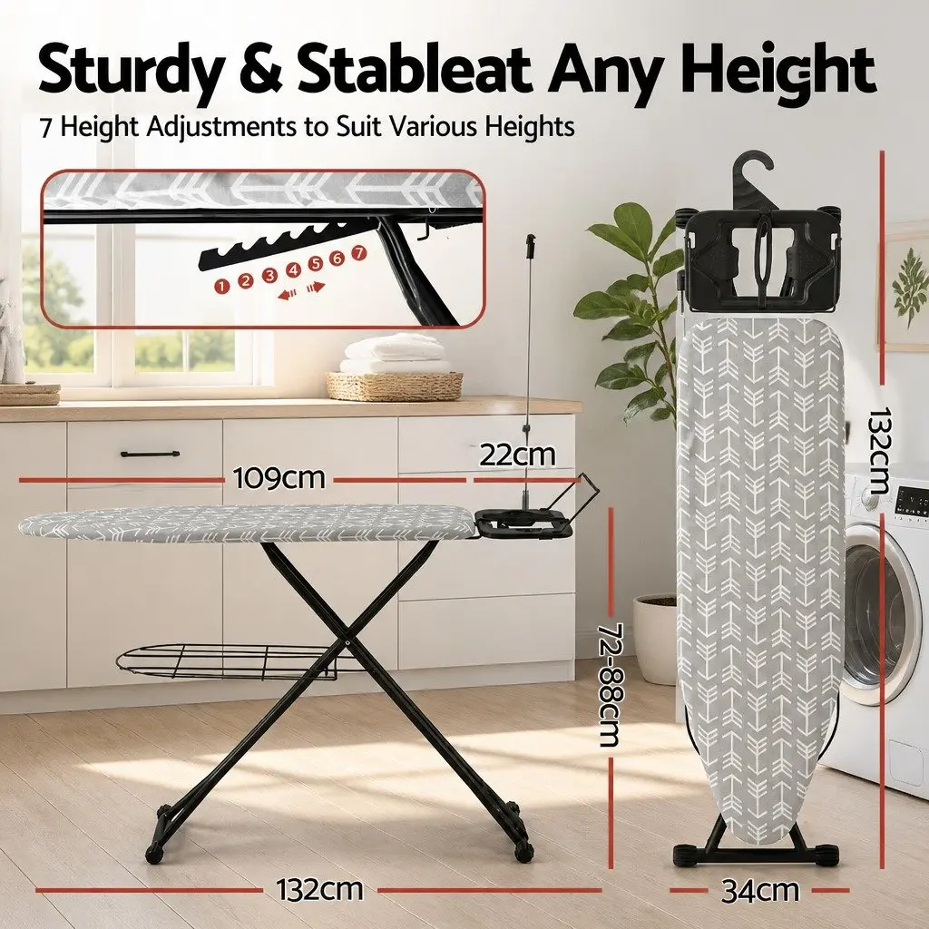 Foldable Ironing Board Heavy Duty Steel Frame Adjustable Height Grey