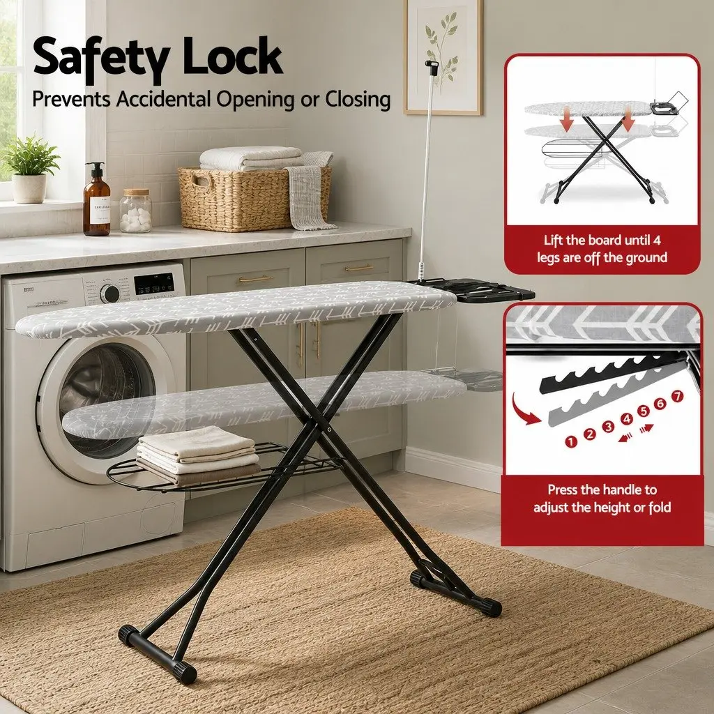 Foldable Ironing Board Heavy Duty Steel Frame Adjustable Height Grey