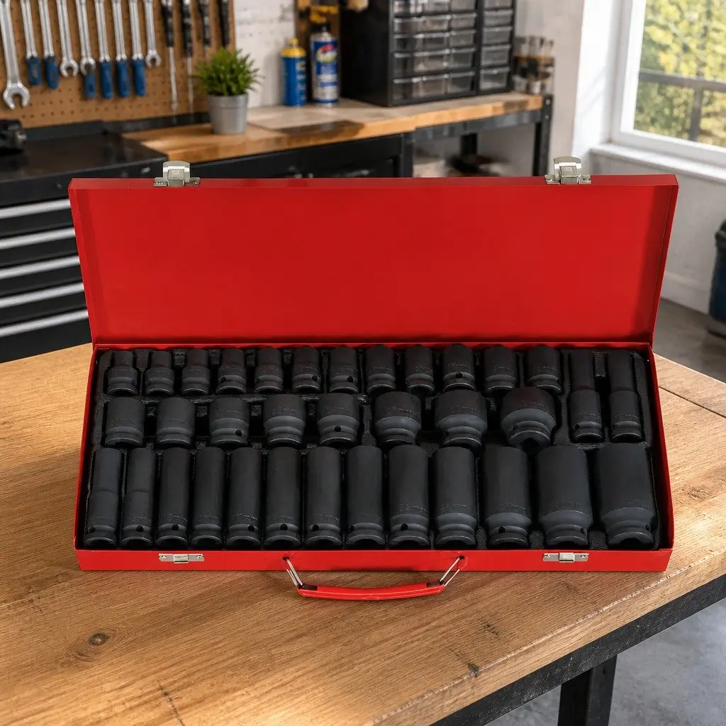 Impact Socket Set Chrome Vanadium Steel 1/2" Drive 35 Piece Metric 8-32mm Black