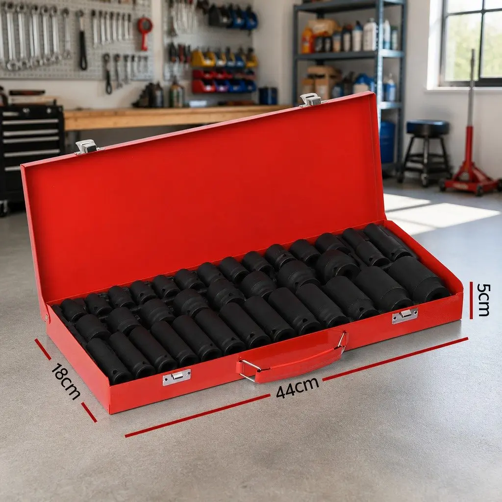 Impact Socket Set Chrome Vanadium Steel 1/2" Drive 35 Piece Metric 8-32mm Black