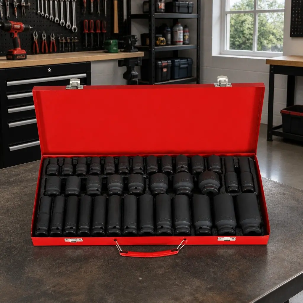 Impact Socket Set Chrome Vanadium Steel 1/2" Drive 35 Piece Metric 8-32mm Black