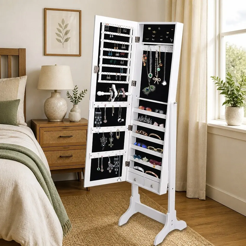 Jewellery Storage Cabinet Floor Standing Organiser Mirror White 6 Shelves