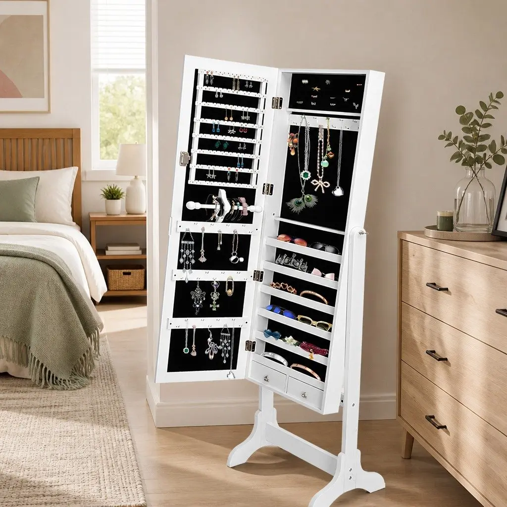 Jewellery Storage Cabinet Floor Standing Organiser Mirror White 6 Shelves