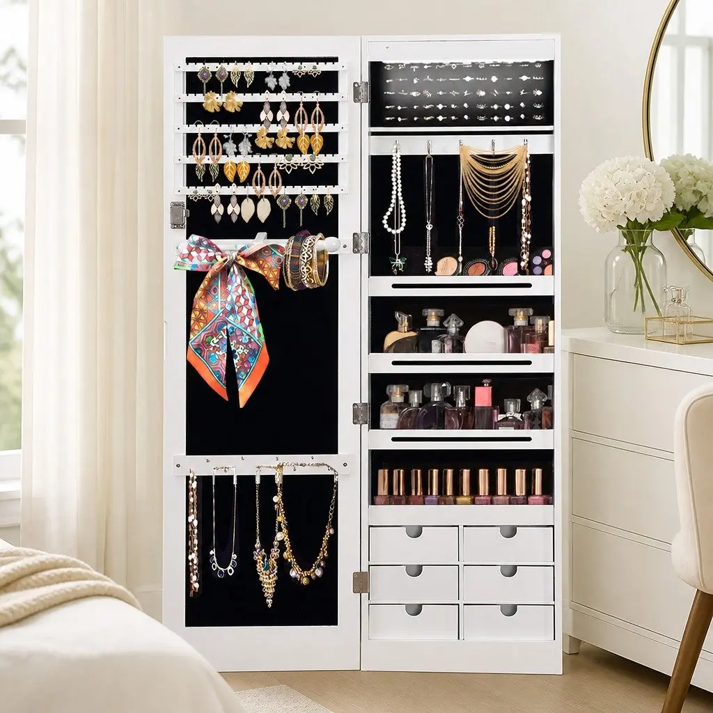 Jewellery Cabinet Full Length Mirror Wall Mounted Lockable White MDF 120cm x 37cm x 8.7cm