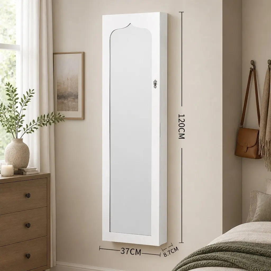 Jewellery Cabinet Full Length Mirror Wall Mounted Lockable White MDF 120cm x 37cm x 8.7cm