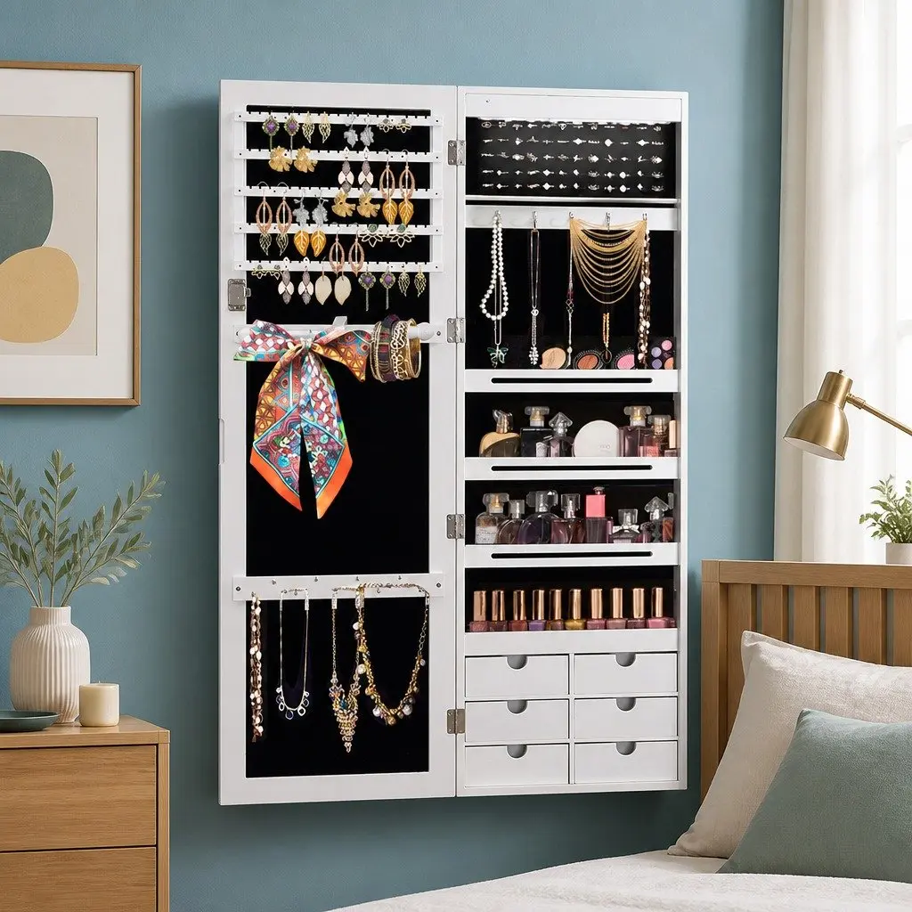 Jewellery Cabinet Full Length Mirror Wall Mounted Lockable White MDF 120cm x 37cm x 8.7cm