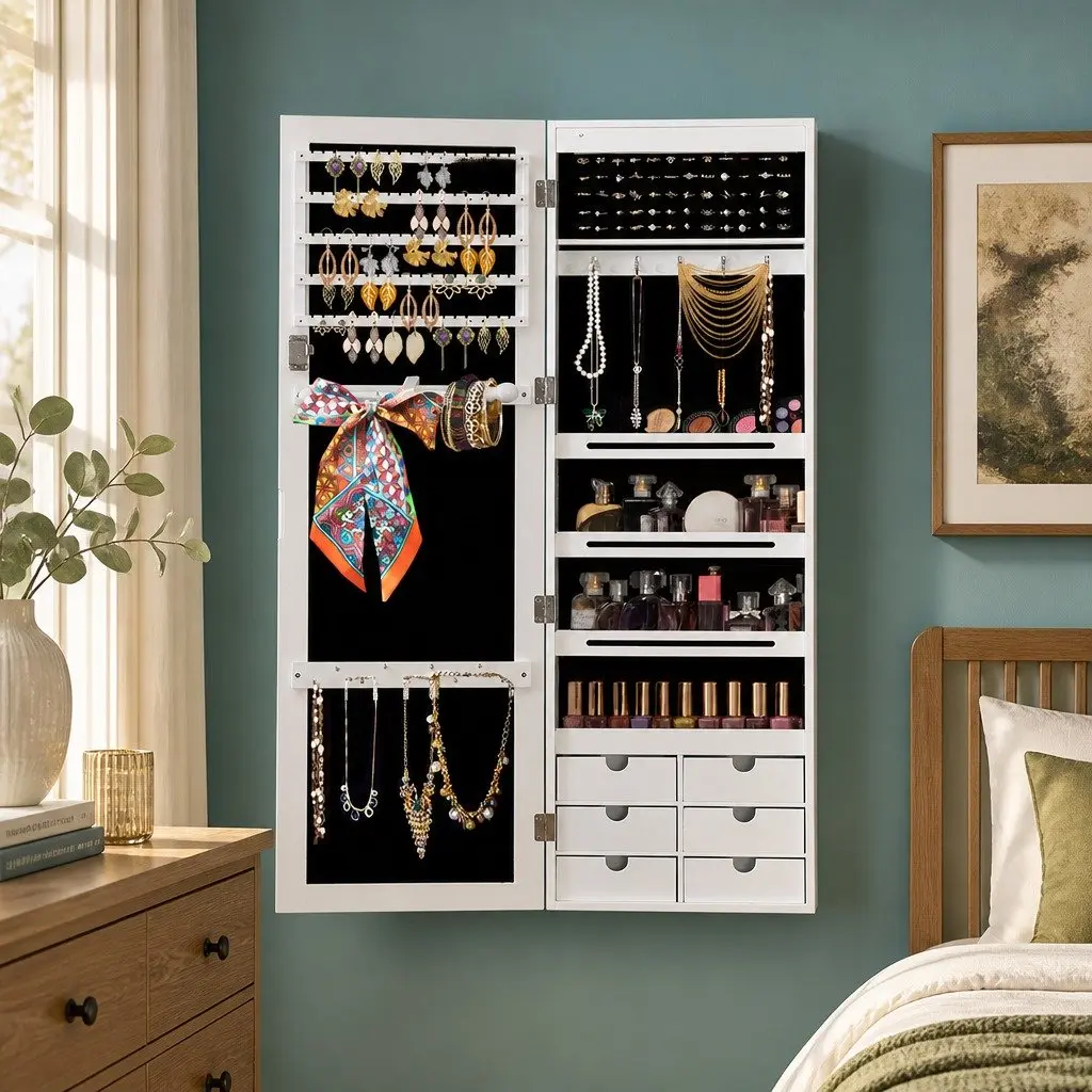 Jewellery Cabinet Full Length Mirror Wall Mounted Lockable White MDF 120cm x 37cm x 8.7cm